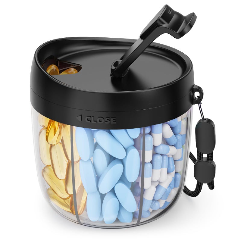 AMOOS Cute Pill Dispenser with 7 Large Compartments Portable Pill Bottle Organizer with Wide Opening for Easy Use AntiMix Pill Organizer for Travel BPAFree Pill Container Black